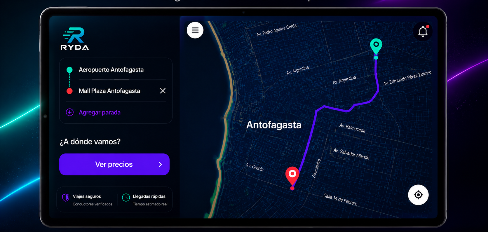 Vista ilustrativa de la aplicación Ryda con mapa y ruta en Antofagasta